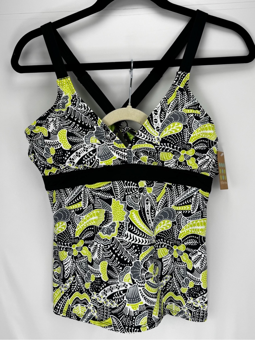 Title Nine Black, White & Lime Floral Strappy Tankini